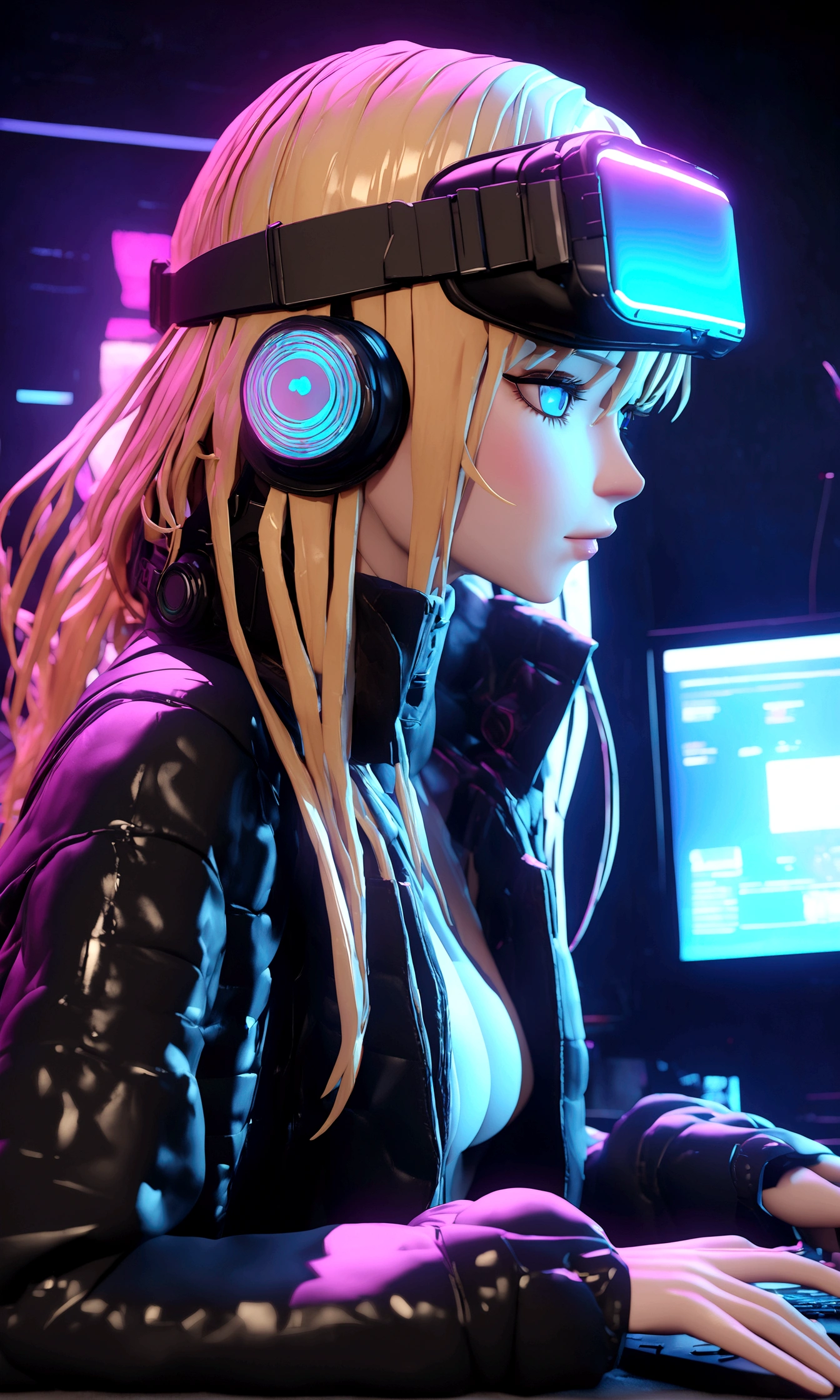 ((Best quality)), ((masterpiece)), (highly detailed: 1.3), 3D, NeonNoir, Naruto Uzumaki cyberpunk, man, blond hair, blue eyes (using the head mounted display that is thick and hi-tech: 1.2), using a cover, hacking a computer terminal, PURPLE NEON MONITOR LIGHT, GREEN NEON SIGNS ON THE WALL,