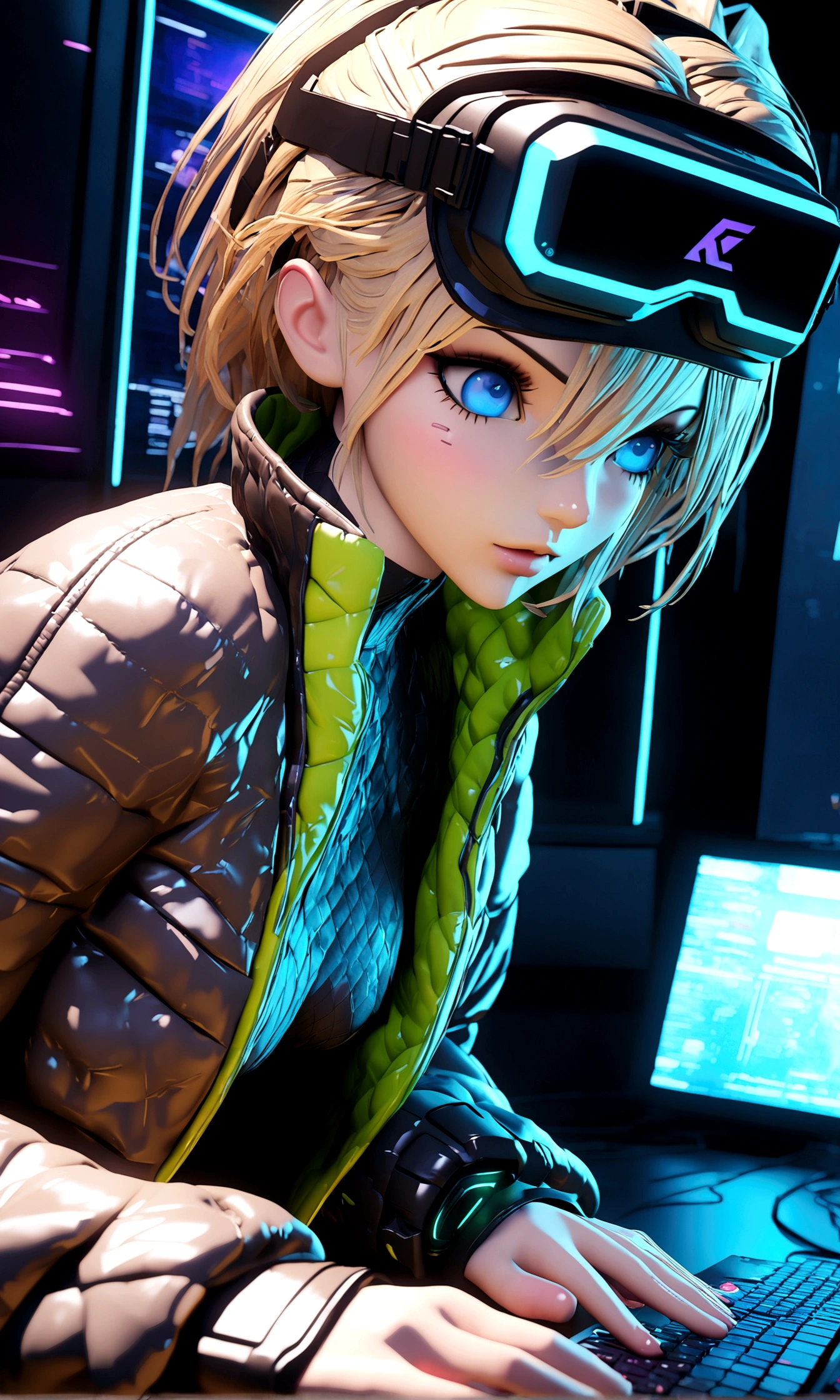 ((Best quality)), ((masterpiece)), (highly detailed: 1.3), 3D, NeonNoir, Naruto Uzumaki cyberpunk, man, blond hair, blue eyes (using the head mounted display that is thick and hi-tech: 1.2), using a cover, hacking a computer terminal, PURPLE NEON MONITOR LIGHT, GREEN NEON SIGNS ON THE WALL,