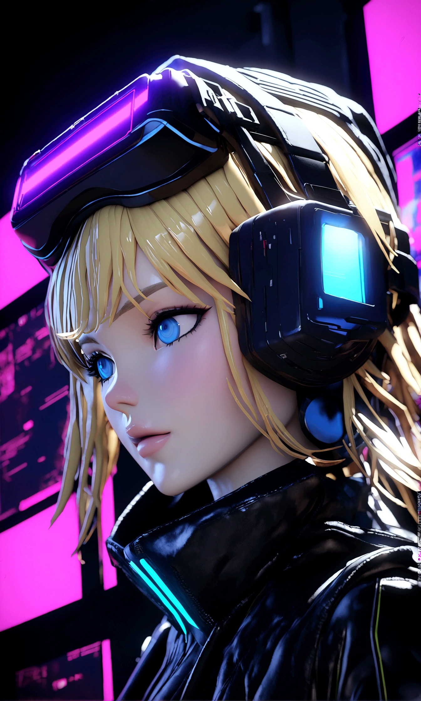 ((Best quality)), ((masterpiece)), (highly detailed: 1.3), 3D, NeonNoir, Naruto Uzumaki cyberpunk, man, blond hair, blue eyes (using the head mounted display that is thick and hi-tech: 1.2), using a cover, hacking a computer terminal, PURPLE NEON MONITOR LIGHT, GREEN NEON SIGNS ON THE WALL,