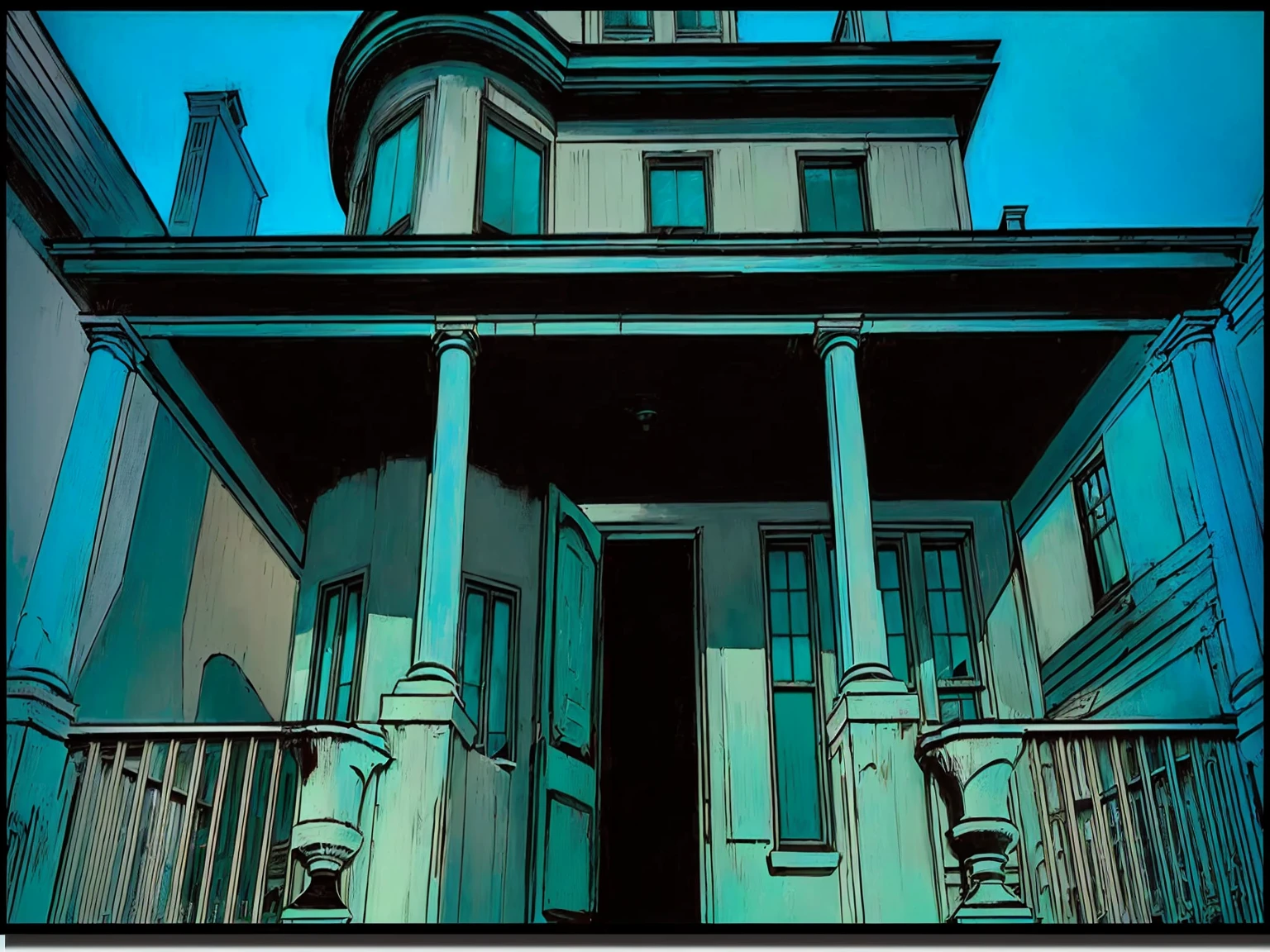 there is a photo of a building with a clock on top, mysterious exterior, intriguing details, aquamarine windows, random background scene, color spread, one panel, one panel de quadrinhos, inspirado em Harvey Dunn, missing panels, house background, location of an old, dark house, incredibily detailed, Cyan blinds on the windows, incredible details