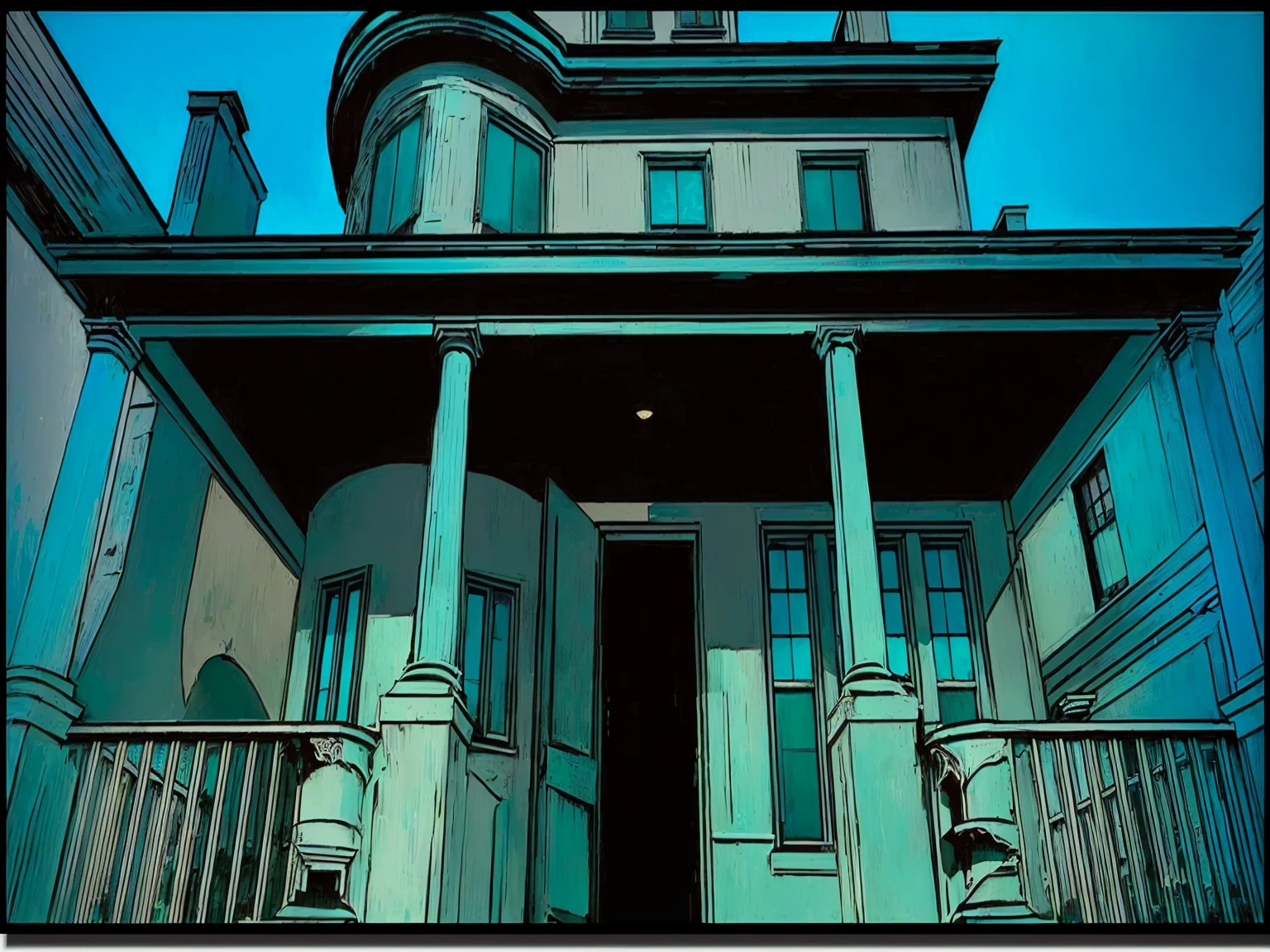 there is a photo of a building with a clock on top, mysterious exterior, intriguing details, aquamarine windows, random background scene, color spread, one panel, one panel de quadrinhos, inspirado em Harvey Dunn, missing panels, house background, location of an old, dark house, incredibily detailed, Cyan blinds on the windows, incredible details