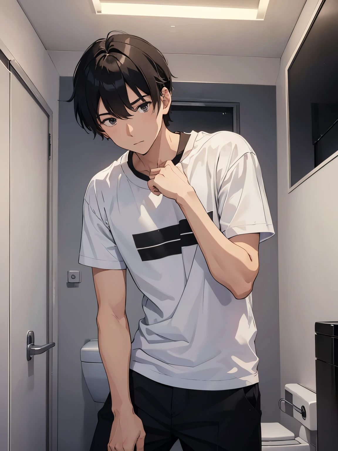 A 20-year-old man looking at this、White T-shirt and black pants、A dark and suspicious toilet at night、