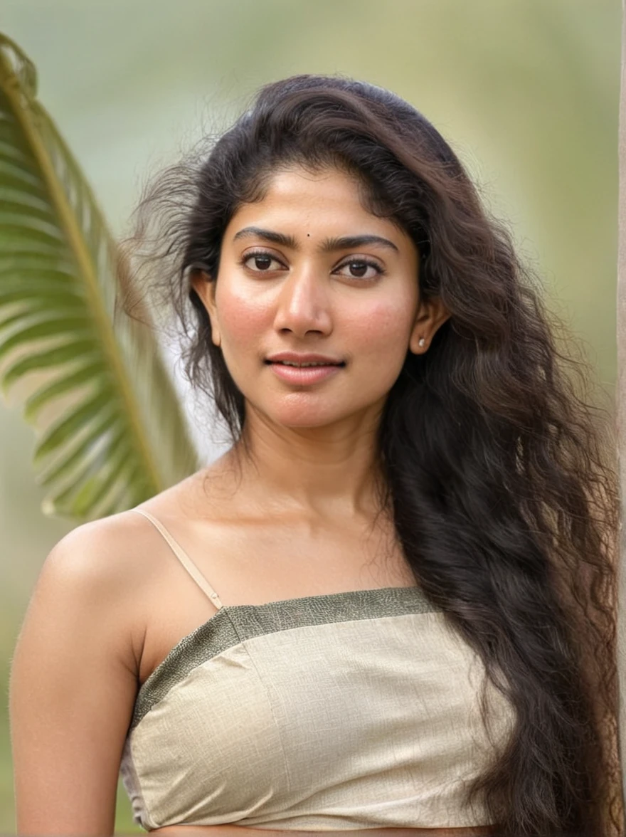ultrarealistic hires long shot photo of a 30-year-old sai pallavi woman, outdoors, realistic skin texture, looking looking at camera, high collar intricate in bikini