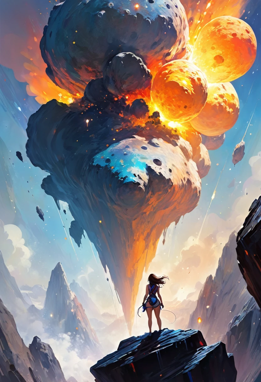 Busty woman, culona, man from behind, fuckingclimbing the asteroid,  character rendering, Ultra high quality model, ethereal background, abstract beauty, volumetric explosive, oil painting, hard strikes, dripping paint