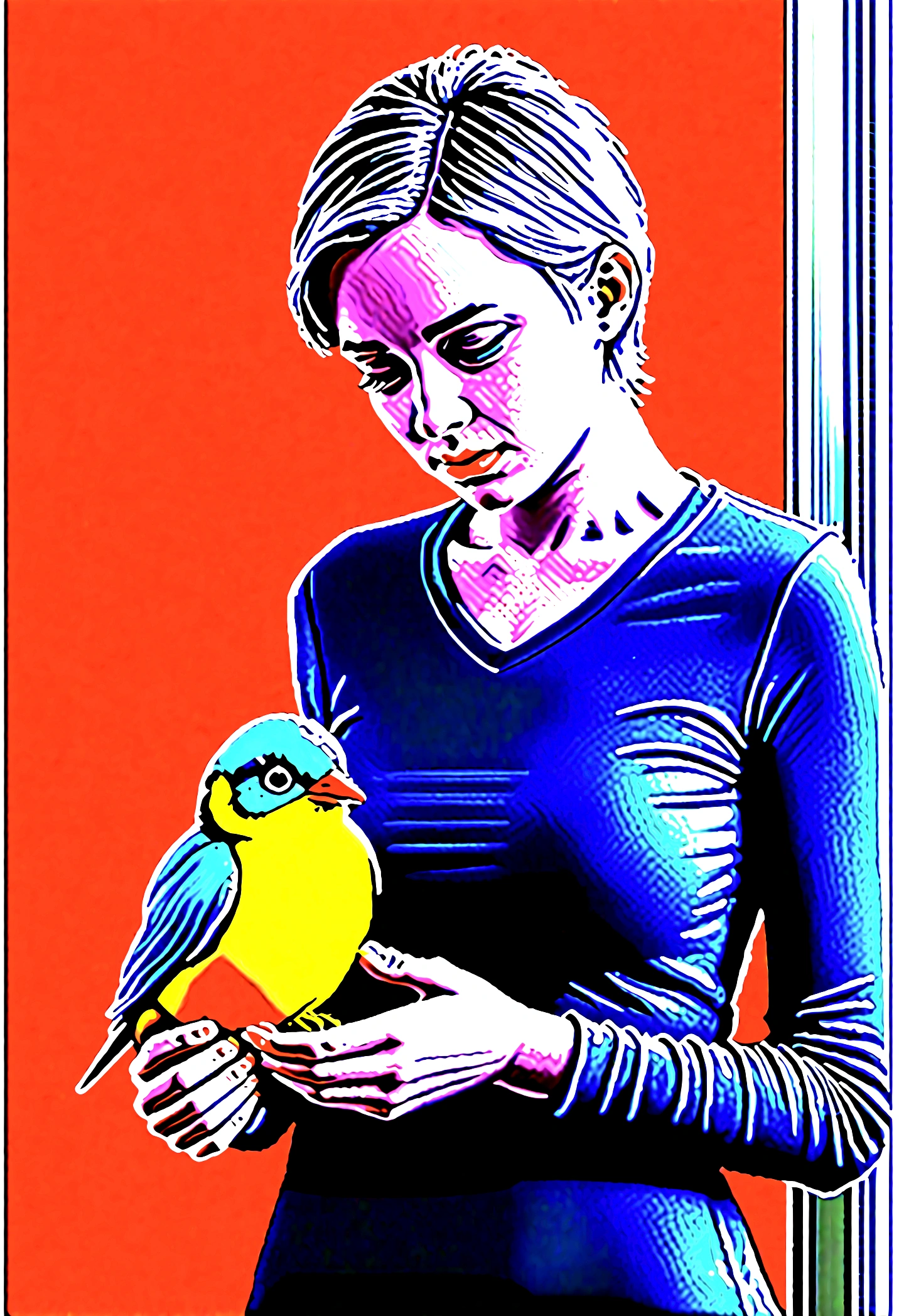 The last human on earth nurturing a small colorful bird of hope at the end of time. Be creative. Post-apocalypse.