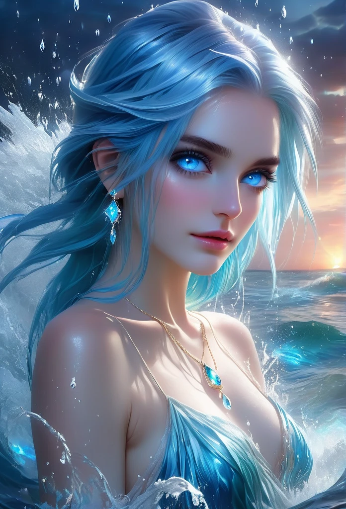 The extreme beautiful young goddess of water, white skin, colorful mystic light, water glow eyes, blue hair, UHD, by Aleksi Briclot and Alessio Albi and Emilia Rodriguez and Adela Weiss