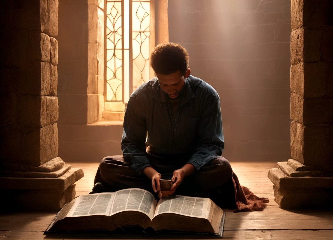 A person kneeling with an open Bible beside them, looking at a clock, symbolizing spiritual procrastination, photorealistic, high-resolution, lifelike, realistic lighting, ultra detailed, high quality, 8K, HD, highly detailed, stunning visuals, cinematic, hyperrealistic, masterpiece composition, full HD