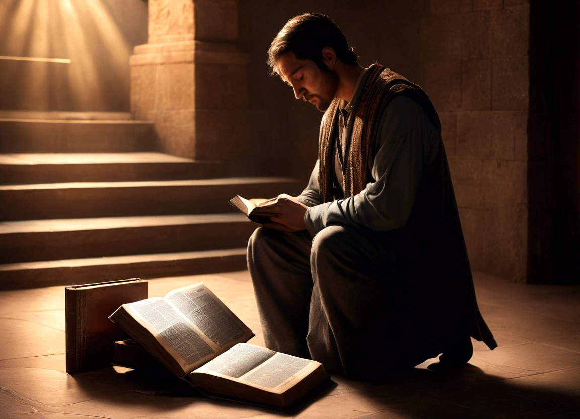 A person kneeling with an open Bible beside them, looking at a clock, symbolizing spiritual procrastination, photorealistic, high-resolution, lifelike, realistic lighting, ultra detailed, high quality, 8K, HD, highly detailed, stunning visuals, cinematic, hyperrealistic, masterpiece composition, full HD