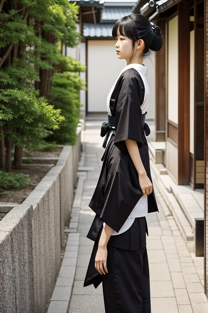 Girl Japanese wear The top, often referred to as a kimono, can be a short-sleeved, V-neck piece of garment, with hakama black pants 