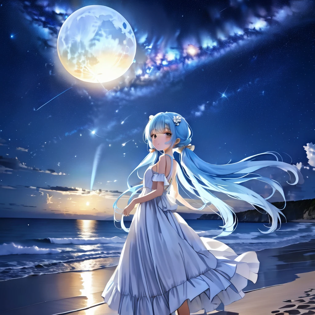 Night sky beach、Big Moon、milky way、Lots of shooting stars、Light blue long hair、Beautiful girl with twin tails、White long dress、Bigger in the center、Face Highlights、