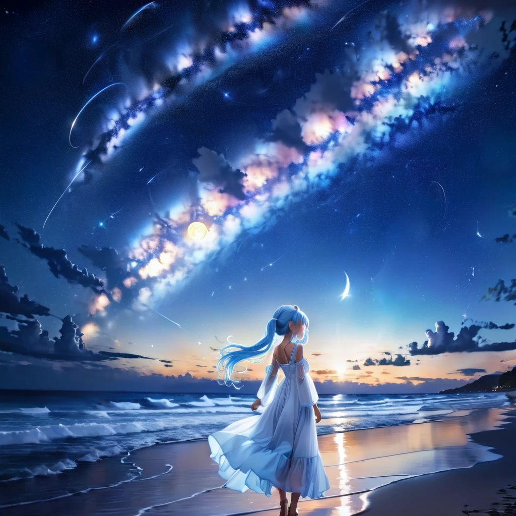 Night sky beach、Big Moon、milky way、Lots of shooting stars、Light blue long hair、Beautiful girl with twin tails、White long dress、Bigger in the center、Face Highlights、