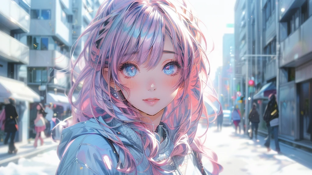anime girl with pink hair and blue eyes in a city street, anime style 4 k, anime style. 8k, beautiful anime portrait, clean detailed anime style, detailed digital anime art, anime style portrait, detailed portrait of anime girl, realistic anime artstyle, realistic anime art style, artwork in the style of guweiz, guweiz, stunning anime face portrait