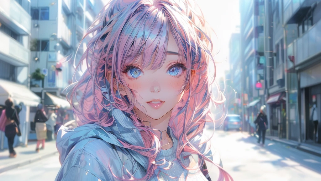 anime girl with pink hair and blue eyes in a city street, anime style 4 k, anime style. 8k, beautiful anime portrait, clean detailed anime style, detailed digital anime art, anime style portrait, detailed portrait of anime girl, realistic anime artstyle, realistic anime art style, artwork in the style of guweiz, guweiz, stunning anime face portrait