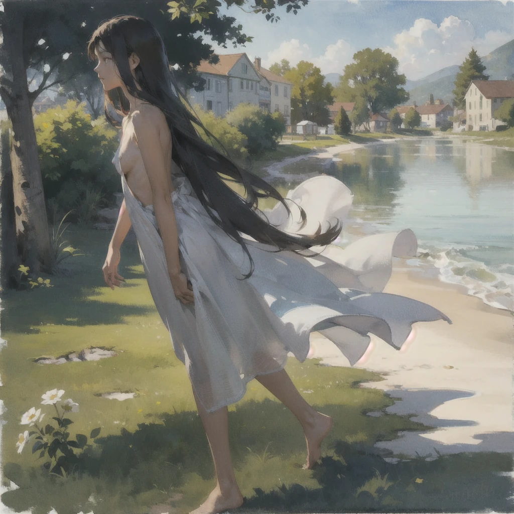 alone in the universe, Paint in watercolor style, Photorealism, discreet golden and ruby and mint shades, (nude) a gentle, modest thin girl of 16 years old with a very beautiful, exquisite face of the southern type with tender nipples walks barefoot in the distance (around the southern town) early morning (along the houses), (in profile, Side view)