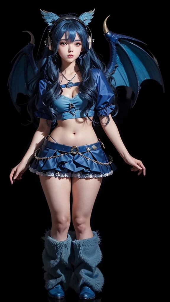 A beautiful girl in full body, blue wavy hair, com cropped azul, with blue skirt, with blue furry boots, with blue dragon wing and a blue headphone on his head.