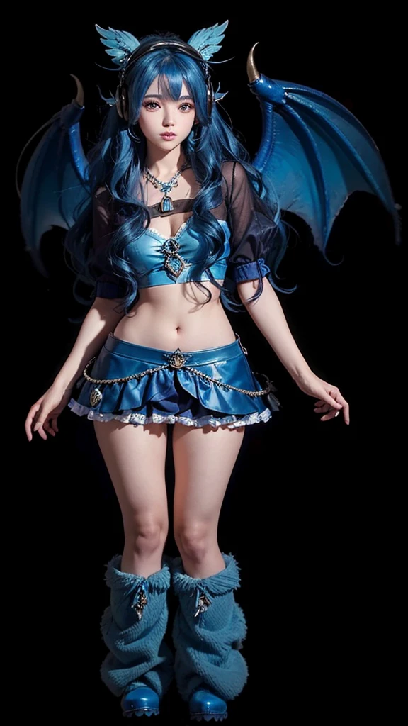 A beautiful girl in full body, blue wavy hair, com cropped azul, with blue skirt, with blue furry boots, with blue dragon wing and a blue headphone on his head.