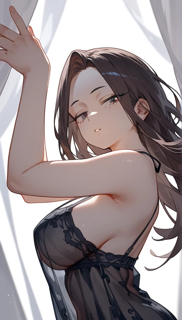 masterpiece, Score_9, Score_8_up, Score_7_up, rear view, 1 woman, alone, dark brown hair, long hair, parted bangs, black No shine eyes, half-closed eyes, parted lips, expressionless, pale skin, large breasts, upper body, Black nightgown with transparent V-neckline, long split bangs, with a mole below the mouth, Boku no Hero academia 