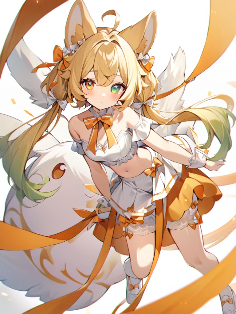 very delicate art, delicate colors,1girl, animal ears, bangs, bare shoulders, blonde hair, blush, bow, breasts, white cleavage, cropped torso, , green eyes, hair ribbon, heterochromia, stlooking at viewer, , orange bow, orange eyes, orange ribbon, ears like an unearthly animal, fluffy tail, light tail, real tail, ribbon, solo, stuffed animal, stuffed bunny, stuffed toy, twintails, upper body, full-length, white legbands, white shoes with lace and white bows, white background, wrist cuffs, yellow eyes, bloomers, close-up, fair skin frills, lace, midriff, skirt, solo, , white background,shorts, white top with ribbon and lace and trousers,trousers, genshin,white slippers with a bow,All clothes are white, laceAt full height, it stands, в полный рост