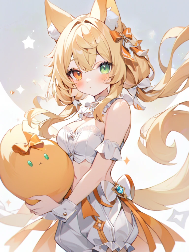 very delicate art, delicate colors,1girl, animal ears, bangs, bare shoulders, blonde hair, blush, bow, breasts, white cleavage, cropped torso, , green eyes, hair ribbon, heterochromia,  stlooking at viewer, , orange bow, orange eyes, orange ribbon, ears like an unearthly animal, fluffy tail, light tail, real tail, ribbon, solo, stuffed animal, stuffed bunny, stuffed toy, twintails, upper body, full-length, white legbands, white shoes with lace and white bows, white background, wrist cuffs, yellow eyes, bloomers, close-up, fair skin frills, lace, midriff, skirt, solo, , white background,shorts, white top with ribbon and lace and trousers,trousers, genshin,white slippers with a bow,All clothes are white, laceAt full height, it stands, в полный рост