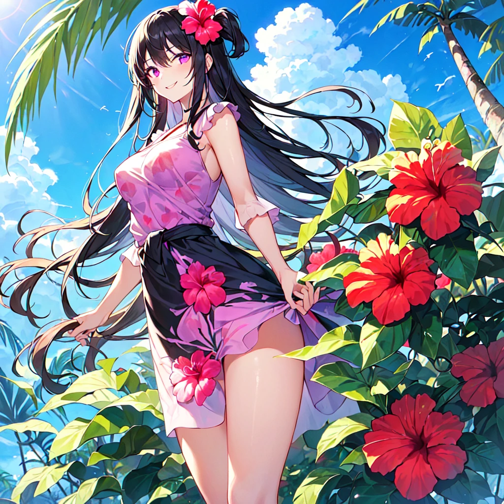 masterpiece, best quality, high quality, extremely detailed, very delicate and beautiful, (1 female 18 years old solo:1.5), (long black hair up to waist with two side up:1.5), bangs to eyebrows, eyes (eyes sharp and strong with glossy glossy eyes, eyebrows glossy, (eye color magenta:1.3), 6.5 head height, (long dress with hibiscus print:1.3), (standing), (smiling), (dynamic pose), (background tropical and hibiscus:1.3), (blue sky:1.3)