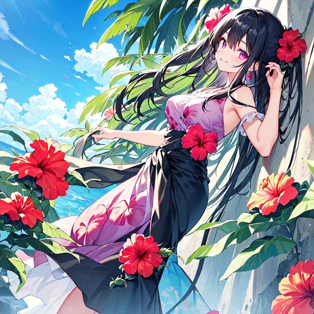 masterpiece, best quality, high quality, extremely detailed, very delicate and beautiful, (1 female 18 years old solo:1.5), (long black hair up to waist with two side up:1.5), bangs to eyebrows, eyes (eyes sharp and strong with glossy glossy eyes, eyebrows glossy, (eye color magenta:1.3), 6.5 head height, (long dress with hibiscus print:1.3), (standing), (smiling), (dynamic pose), (background tropical and hibiscus:1.3), (blue sky:1.3)