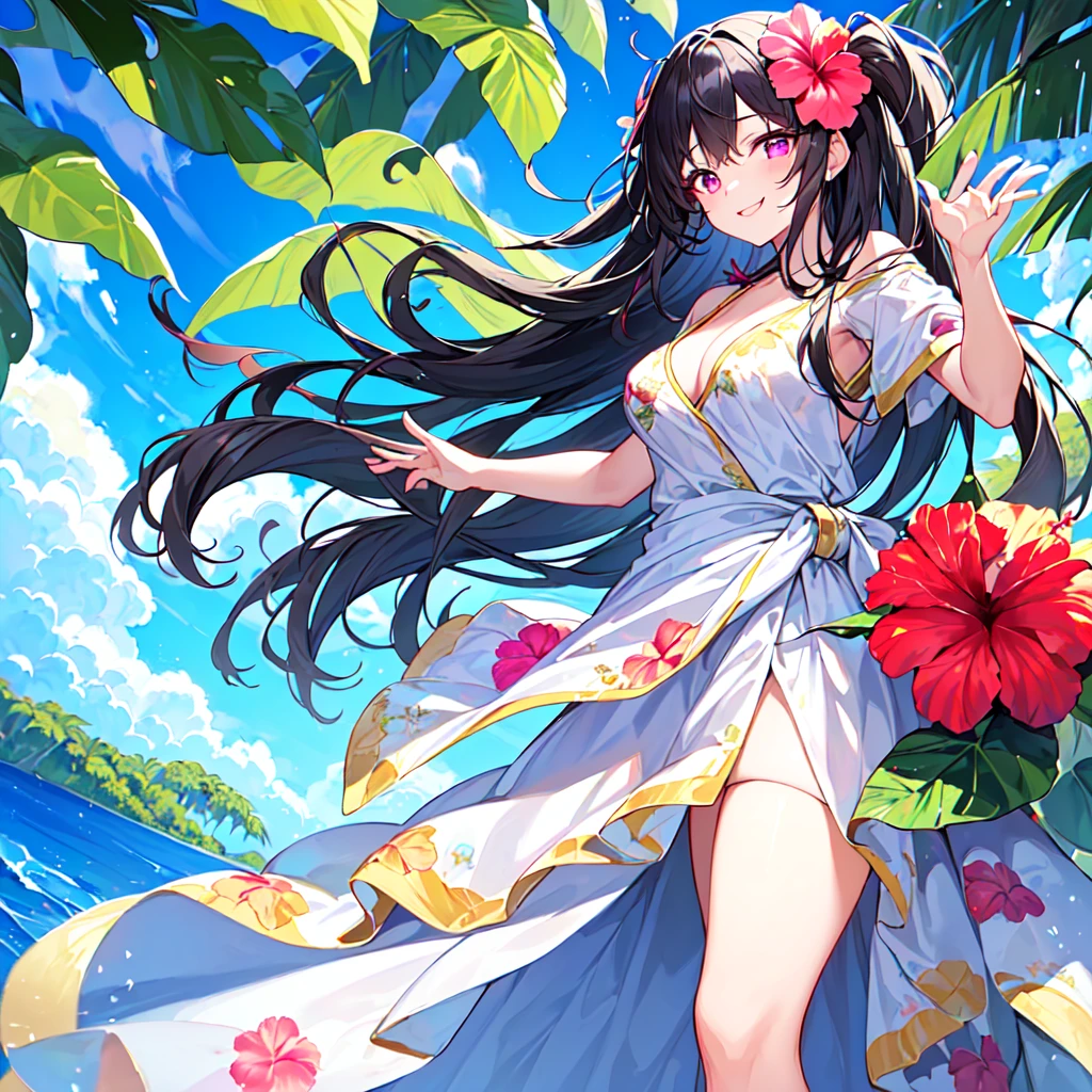 masterpiece, best quality, high quality, extremely detailed, very delicate and beautiful, (1 female 18 years old solo:1.5), (long black hair up to waist with two side up:1.5), bangs to eyebrows, eyes (eyes sharp and strong with glossy glossy eyes, eyebrows glossy, (eye color magenta:1.3), 6.5 head height, (long dress with hibiscus print:1.3), (standing), (smiling), (dynamic pose), (background tropical and hibiscus:1.3), (blue sky:1.3)