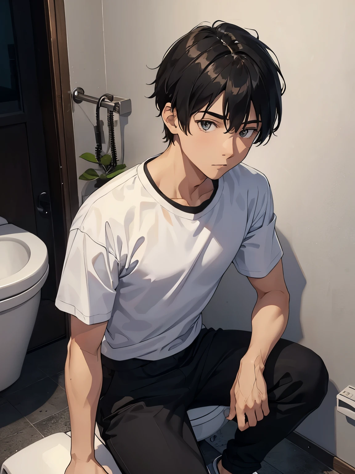 A 20-year-old man looking at this、White T-shirt and black pants、A dark and suspicious toilet at night、