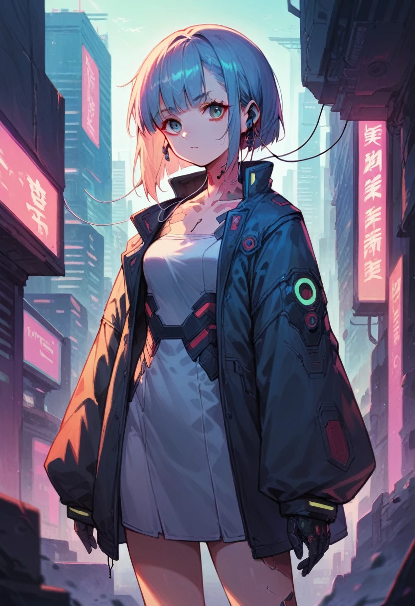 high quality image, futuristic anime style, cyberpunk, a girl in a futuristic city, neon colors, jacket with wide sleeves, earbuds, medium hair with bangs, sultry body