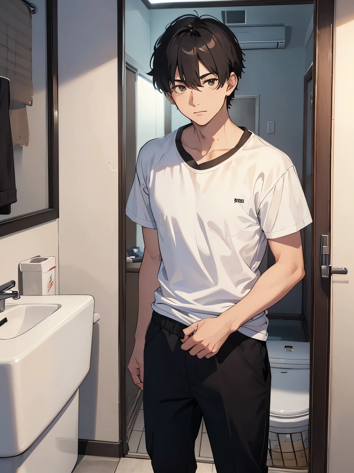 A 20-year-old man looking at this、White T-shirt and black pants、A dark and suspicious toilet at night、