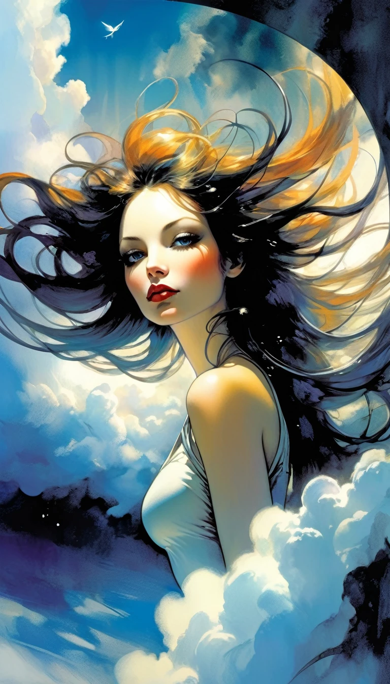 surrealistic goddess woman sitting on cloud, beautiful landscape, sketch, pen drawing, white background, highly detailed, photorealistic, dramatic lighting, vibrant colors, masterpiece, (best quality,4k,8k,highres,masterpiece:1.2),ultra-detailed,(realistic,photorealistic,photo-realistic:1.37),intricate details,cinematic composition,dramatic pose,elegant features,porcelain skin,piercing eyes,full lips,flowing hair,dreamy atmosphere,divine presence,ethereal beauty,floating in clouds,stunning scenery,natural elements,inspired by Bill Sienkiewicz
