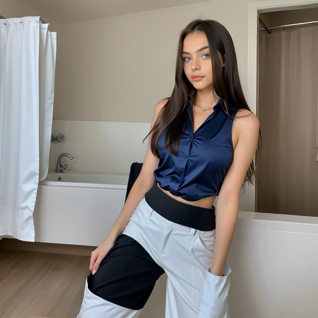 a beautiful 14 year old Russian age Ukrainian girl with blue eyes , taking a selfie with face of young girl with perfect body big eyes , wide fleshy lips thin upturned nose, with a fine face like a barbie , normal somewhat large voluminous breasts ,very long and very straight black hair, wearing dark wide leg pants and a big button shirt , 14 yry tender face , teenage girl witue eyes posing very sexy at night in the bathroom wearing wide cloth pants ,straight hair. a very sexually attractive teenage girl, posingm Ukraine beautiful girl 14 year old girl cute beautiful masterpiece
