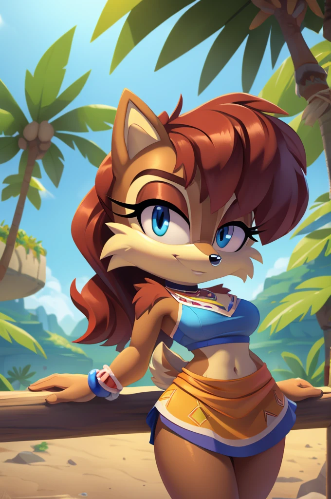 sonic (series), 1girl, anthro chipmunk girl, female mobian, mobian, blunt bangs, short auburn hair, blue eyes, (brown fur:1.3), aztec clothes, aztec skirt, jungle biome, aztec piramid, outline, Intricate Details, Masterpiece, Best Quality, High Quality, Studio Quality, Best Detail, Perfect Detail, Refine Detail, Sally Acorn 