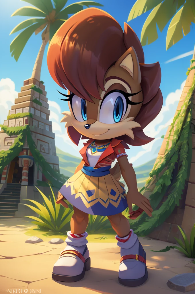 sonic (series), 1girl, anthro chipmunk girl, female mobian, mobian, blunt bangs, short auburn hair, blue eyes, (brown fur:1.3), aztec clothes, aztec skirt, jungle biome, aztec piramid, outline, Intricate Details, Masterpiece, Best Quality, High Quality, Studio Quality, Best Detail, Perfect Detail, Refine Detail, Sally Acorn 