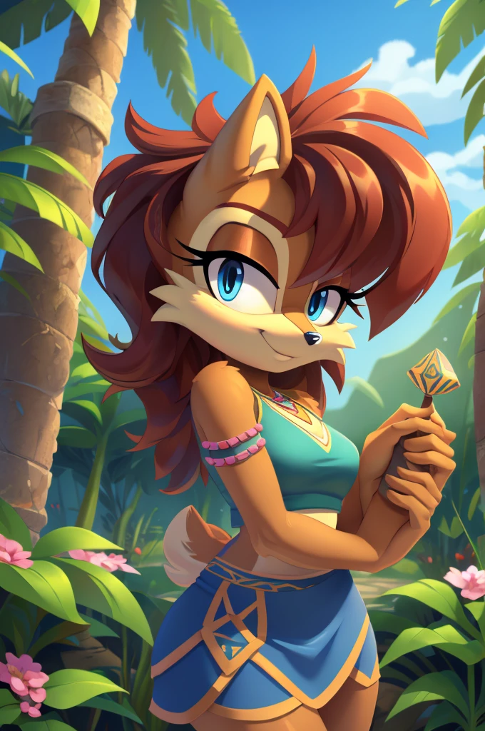 sonic (series), 1girl, anthro chipmunk girl, female mobian, mobian, blunt bangs, short auburn hair, blue eyes, (brown fur:1.3), aztec clothes, aztec skirt, jungle biome, aztec piramid, outline, Intricate Details, Masterpiece, Best Quality, High Quality, Studio Quality, Best Detail, Perfect Detail, Refine Detail, Sally Acorn 