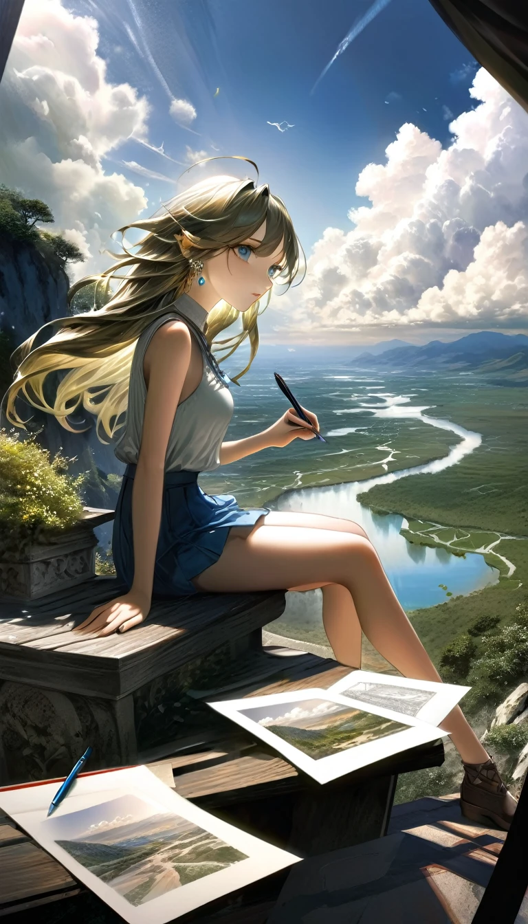 surrealistic goddess woman sitting on cloud, beautiful landscape, sketch, pen drawing, white background, highly detailed, photorealistic, dramatic lighting, vibrant colors, masterpiece, (best quality,4k,8k,highres,masterpiece:1.2),ultra-detailed,(realistic,photorealistic,photo-realistic:1.37),intricate details,cinematic composition,dramatic pose,elegant features,porcelain skin,piercing eyes,full lips,flowing hair,dreamy atmosphere,divine presence,ethereal beauty,floating in clouds,stunning scenery,natural elements,inspired by Bill Sienkiewicz