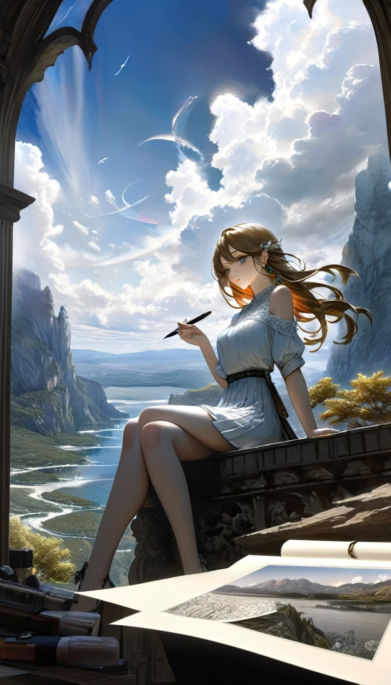 surrealistic goddess woman sitting on cloud, beautiful landscape, sketch, pen drawing, white background, highly detailed, photorealistic, dramatic lighting, vibrant colors, masterpiece, (best quality,4k,8k,highres,masterpiece:1.2),ultra-detailed,(realistic,photorealistic,photo-realistic:1.37),intricate details,cinematic composition,dramatic pose,elegant features,porcelain skin,piercing eyes,full lips,flowing hair,dreamy atmosphere,divine presence,ethereal beauty,floating in clouds,stunning scenery,natural elements,inspired by Bill Sienkiewicz