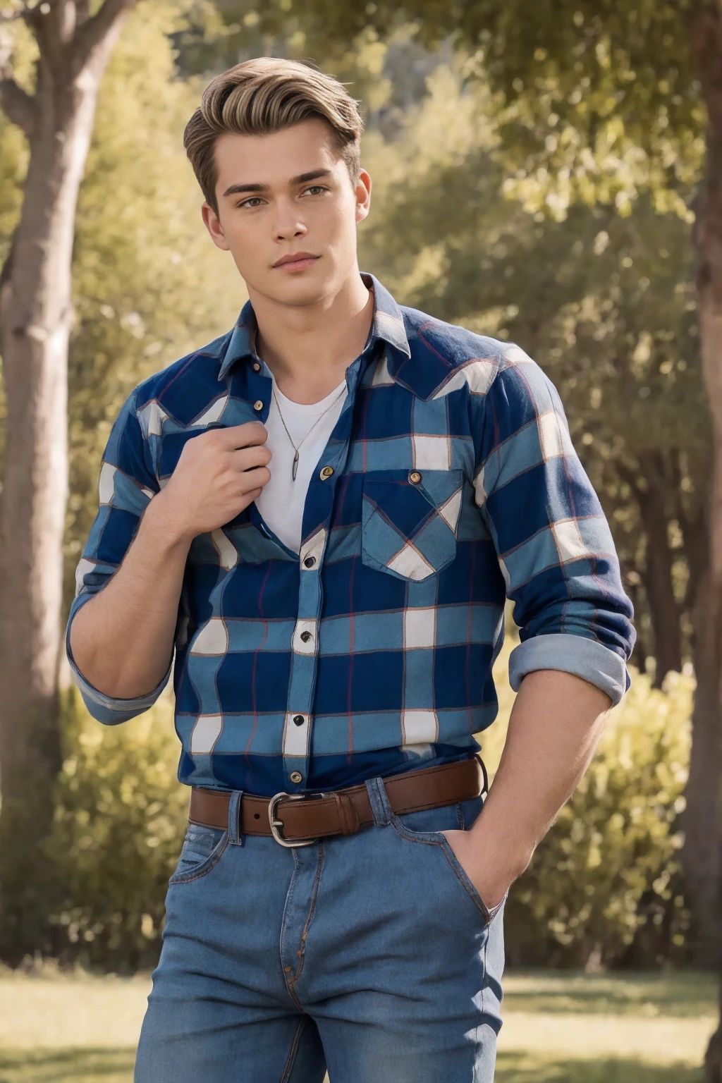 Nicholas Galitzine, ((masterpiece)), ((best quality:1.2)), High Resolution, 8k, male focus, (ultra_realistic:1.3), (photorealistic:1.4), Grayson Dolan, ((masterpiece)), ((best quality:1.2)), realistic, muscular, manly, ((wearing a fitted blue flannel shirt:1.3)), ((with (two buttons undone):1.4)), (he is wearing denim jeans), with belt:1.4), (bulge in pants), outdoors, looking at viewer, HDR, 8K, absurdres, perfect, intricate detail, cinematic, depth of field, raw photography, hazel eyes, styled blonde hair, solo, 1boy,