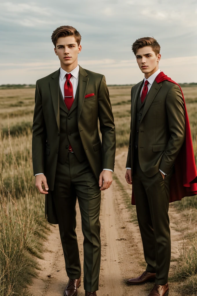 17 year old boys, short brown hair, olive green almond eyes, marked jaw, gentleman dress black suit, WITH RED CAPE, in a prairie environment