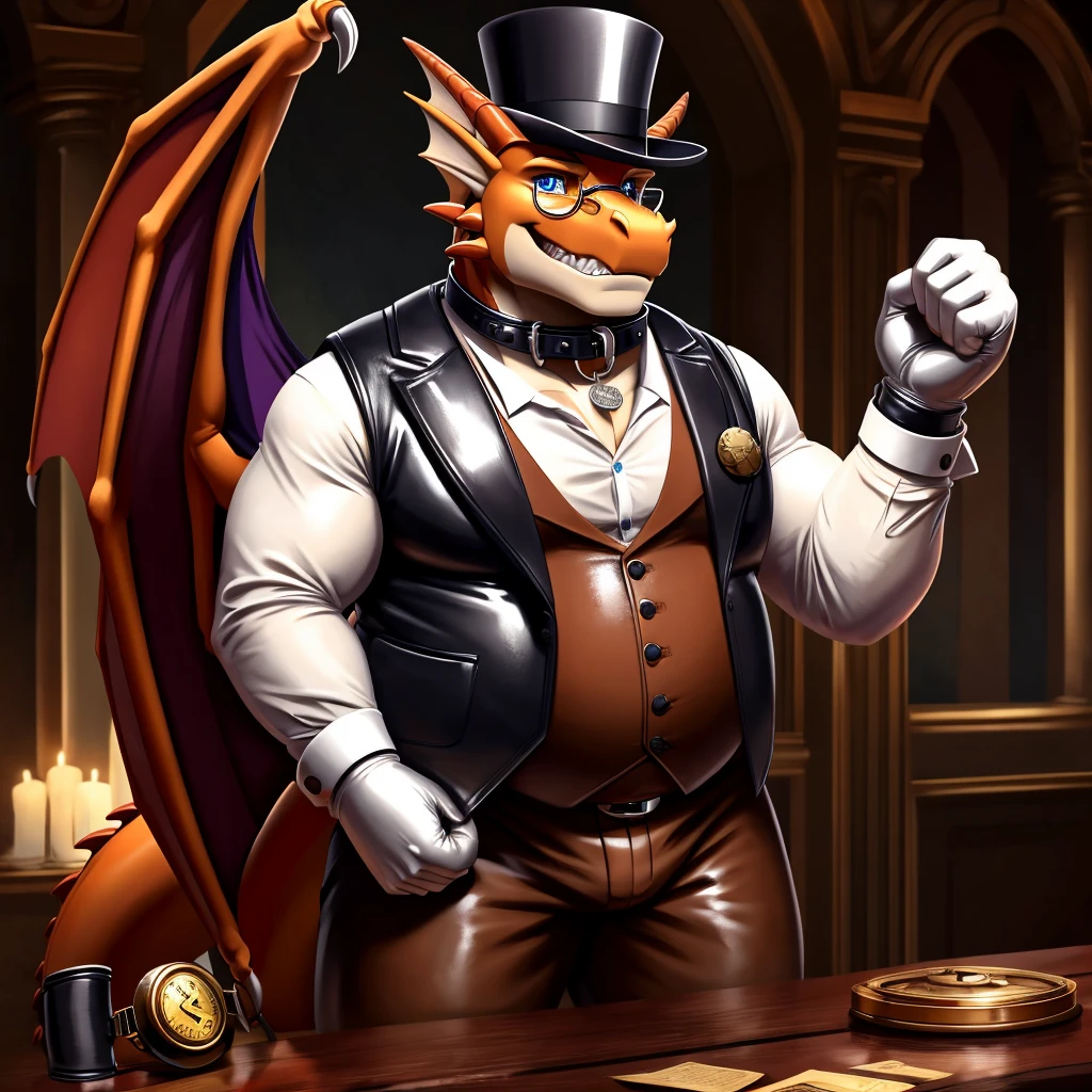 Solo, Male, fat, extremely obese, gentleman, dapper Professor Dragon, blue eyes, (posing:1.3), (soft shading), 4k, hi res, ((detailed face, detailed)), looking at viewer, evil grin, steampunk, collared shirt with buttons, top hat, male focus, Explorer Outfit, glasses, monocle, bag, vest with buttons, backpack, sleeves rolled up, round eyewear, brown headwear, brown vest, Dragon is wearing a glossy leather dog collar around the neck, Dragon is wearing the leather collar and shirt and vest at the same time, Dragon is wearing glossy white rubber gloves on the hands, wearing white rubber gloves on the feet, Dragon is wearing glossy white cuffs around the wrists with cufflinks, gloves are rubber in texture, clenching teeth, clenching fists, leather collar is glossy and shiny with a lot of detail, Dragon is wearing gloves and cuffs and cufflinks at the same time, leather collar has a round dog-tag, leather collar is thick and detailed.