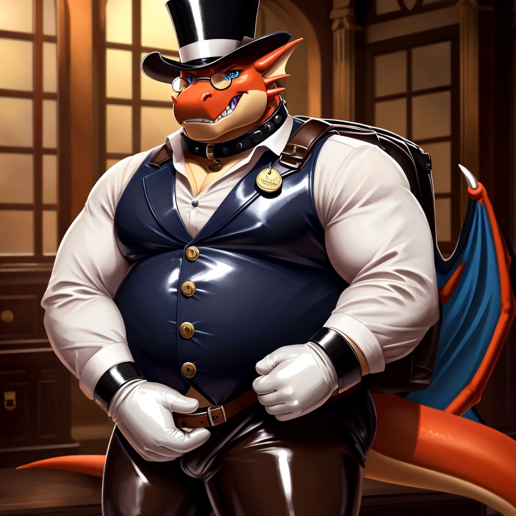 Solo, Male, fat, extremely obese, gentleman, dapper Professor Dragon, blue eyes, (posing:1.3), (soft shading), 4k, hi res, ((detailed face, detailed)), looking at viewer, evil grin, steampunk, collared shirt with buttons, top hat, male focus, Explorer Outfit, glasses, monocle, bag, vest with buttons, backpack, sleeves rolled up, round eyewear, brown headwear, brown vest, Dragon is wearing a glossy leather dog collar around the neck, Dragon is wearing the leather collar and shirt and vest at the same time, Dragon is wearing glossy white rubber gloves on the hands, wearing white rubber gloves on the feet, Dragon is wearing glossy white cuffs around the wrists with cufflinks, gloves are rubber in texture, clenching teeth, clenching fists, leather collar is glossy and shiny with a lot of detail, Dragon is wearing gloves and cuffs and cufflinks at the same time, leather collar has a round dog-tag, leather collar is thick and detailed.