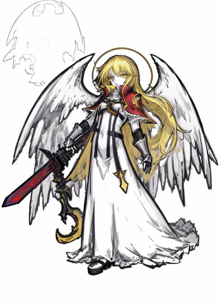 1girl, pale skin, yellow hair, angel, guardian, long hair, red cape, nice clothes, (high resolution, high detail, best quality), black background, holy sword,
