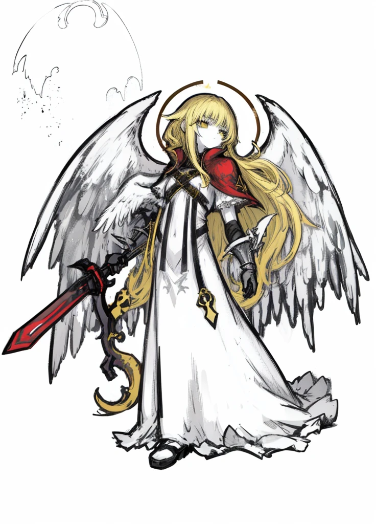 1girl, pale skin, yellow hair, angel, guardian, long hair, red cape, nice clothes, (high resolution, high detail, best quality), black background, holy sword,