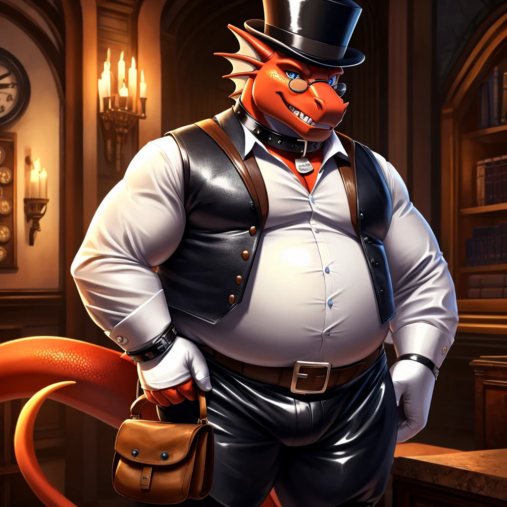 Solo, Male, fat, extremely obese, gentleman, dapper Professor Dragon, blue eyes, (posing:1.3), (soft shading), 4k, hi res, ((detailed face, detailed)), looking at viewer, evil grin, steampunk, collared shirt with buttons, top hat, male focus, Explorer Outfit, glasses, monocle, bag, vest with buttons, backpack, sleeves rolled up, round eyewear, brown headwear, brown vest, Dragon is wearing a glossy leather dog collar around the neck, Dragon is wearing the leather collar and shirt and vest at the same time, Dragon is wearing glossy white rubber gloves on the hands, wearing white rubber gloves on the feet, Dragon is wearing glossy white cuffs around the wrists with cufflinks, gloves are rubber in texture, clenching teeth, clenching fists, leather collar is glossy and shiny with a lot of detail, Dragon is wearing gloves and cuffs and cufflinks at the same time, leather collar has a round dog-tag, leather collar is thick and detailed.