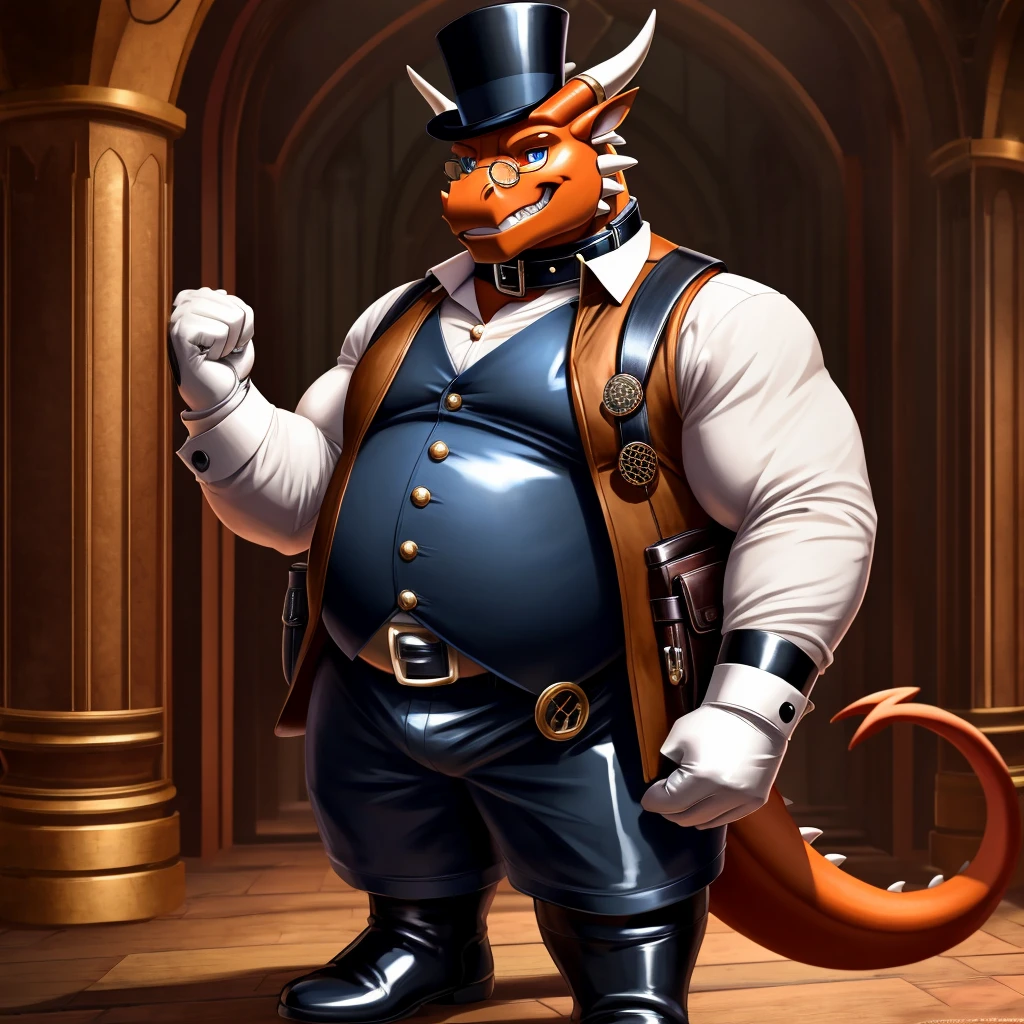 Solo, Male, fat, extremely obese, gentleman, dapper Professor Dragon, blue eyes, (posing:1.3), (soft shading), 4k, hi res, ((detailed face, detailed)), looking at viewer, evil grin, steampunk, collared shirt with buttons, top hat, male focus, Explorer Outfit, glasses, monocle, bag, vest with buttons, backpack, sleeves rolled up, round eyewear, brown headwear, brown vest, Dragon is wearing a glossy leather dog collar around the neck, Dragon is wearing the leather collar and shirt and vest at the same time, Dragon is wearing glossy white rubber gloves on the hands, wearing white rubber gloves on the feet, Dragon is wearing glossy white cuffs around the wrists with cufflinks, gloves are rubber in texture, clenching teeth, clenching fists, leather collar is glossy and shiny with a lot of detail, Dragon is wearing gloves and cuffs and cufflinks at the same time, leather collar has a round dog-tag, leather collar is thick and detailed.