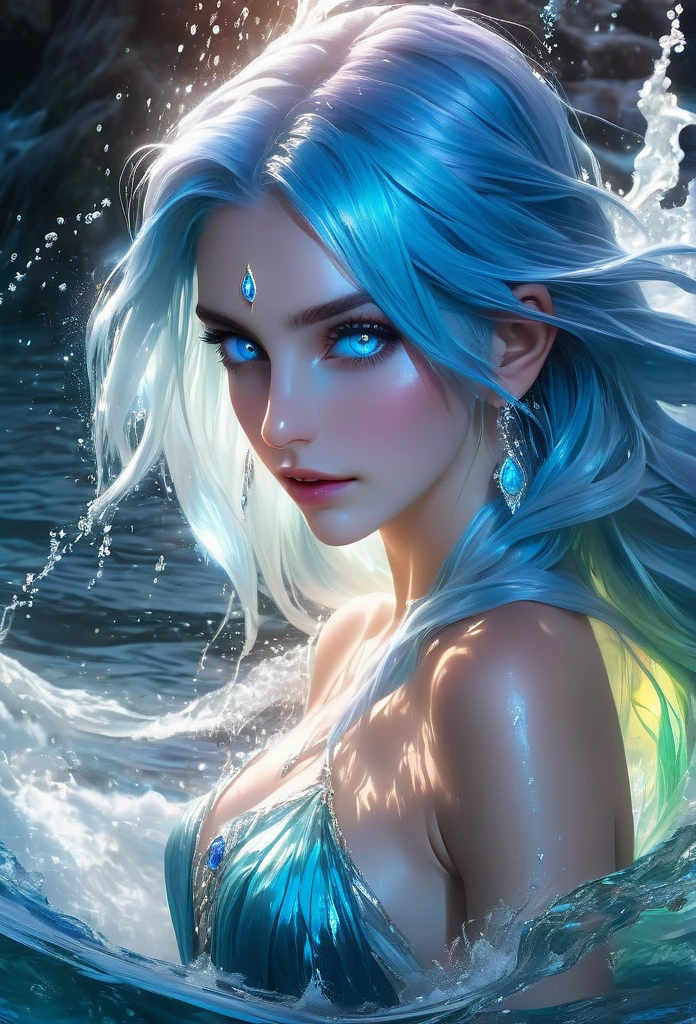 The extreme beautiful young goddess of water, white skin, colorful mystic light, water glow eyes, blue hair, UHD, by Aleksi Briclot and Alessio Albi and Emilia Rodriguez and Adela Weiss