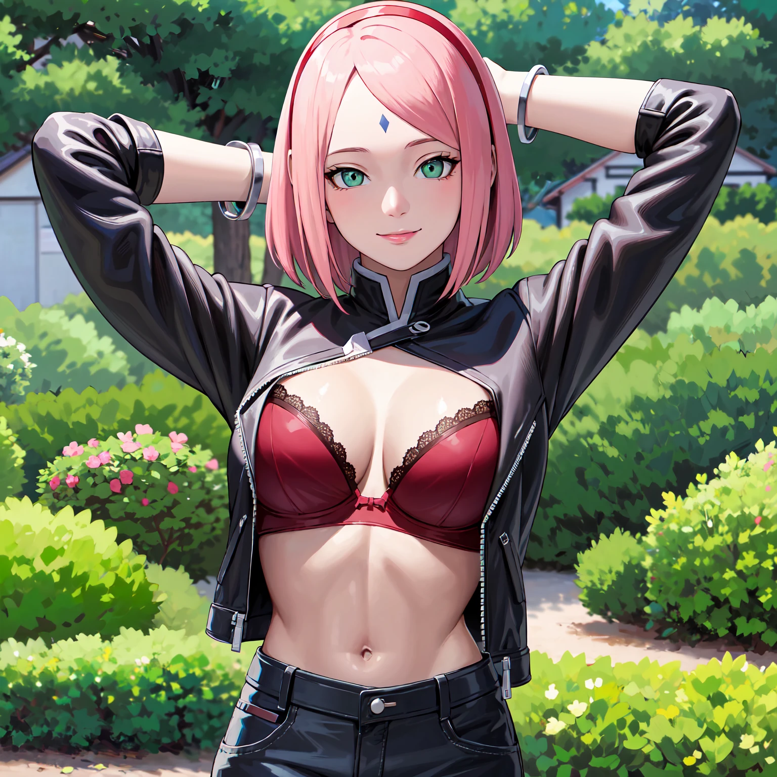 masterpiece, best quality,sharpness,absurdres ,1girl, haruno sakura,forehead mark, red hairband,, bracelet, looking at viewer, (arms behind head:1.1), smile,, middle large breasts,standing in a garden,arms behind back,closeup,only upperbody ,open leather jacket,cute bra
