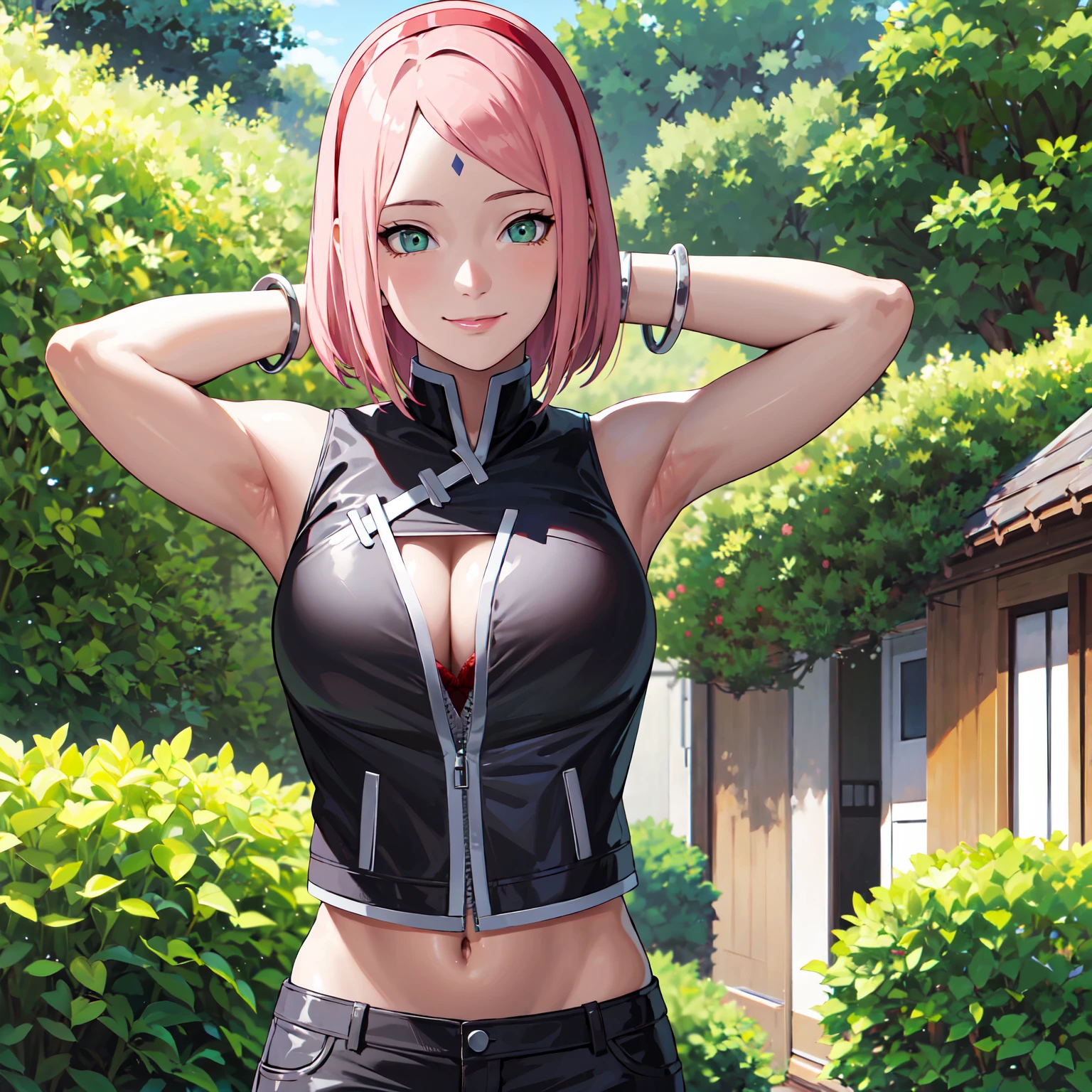 masterpiece, best quality,sharpness,absurdres ,1girl, haruno sakura,forehead mark, red hairband,, bracelet, looking at viewer, (arms behind head:1.1), smile,, middle large ,standing in a garden,arms behind back,closeup,only upperbody ,open leather jacket,cute bra