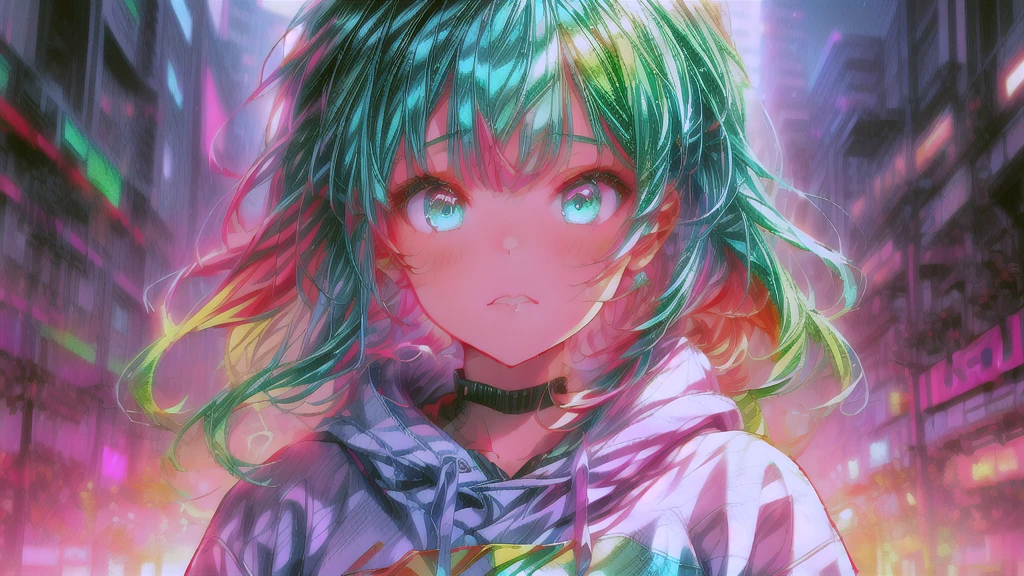 anime girl with colorful hair and hoodie in a city, anime style 4 k, anime style. 8k, anime art wallpaper 4k, anime art wallpaper 4 k, anime girl with teal hair, anime style portrait, anime styled digital art, anime art wallpaper 8 k, digital anime art, anime art style, beautiful anime art style, anime style digital art