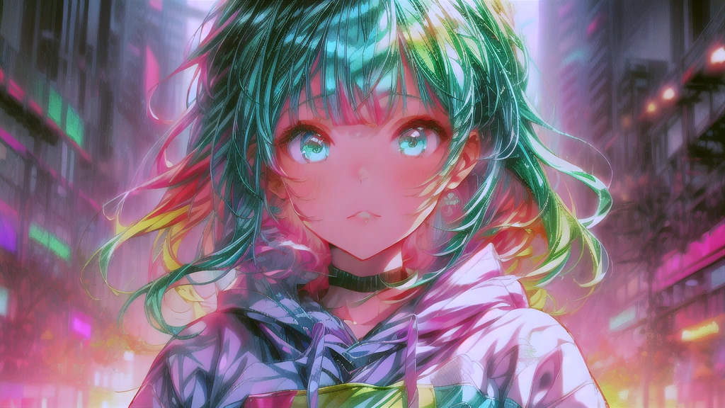 anime girl with colorful hair and hoodie in a city, anime style 4 k, anime style. 8k, anime art wallpaper 4k, anime art wallpaper 4 k, anime girl with teal hair, anime style portrait, anime styled digital art, anime art wallpaper 8 k, digital anime art, anime art style, beautiful anime art style, anime style digital art