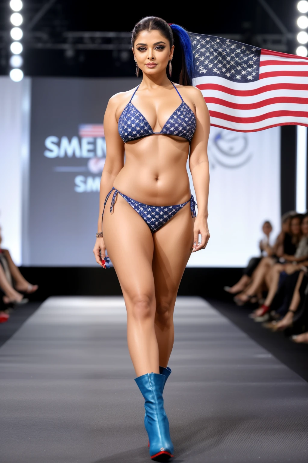 CLOSE UP photo of SEXY 50YO MATURE MILF AISHWARYA RAI as SEX MODEL, ((SMOKY EYES MAKEUP)), ((ponytail tied hair)), ((US flag red and blue micro bikini)), ((ankle boots)), (((catwalk outdoors on ramp fashion show))), day scene, curvy mature hourglass figure, look straight at camera, sexy 50 yo mature MILF, soft volumetric lights, intricate details, (ArtStation:1.2)
